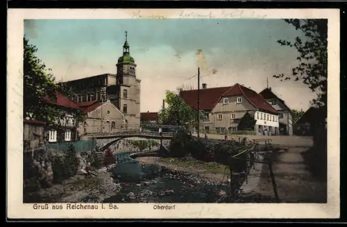 AK Reichenau i. Sa., Partie im Oberdorf mit Flusslauf