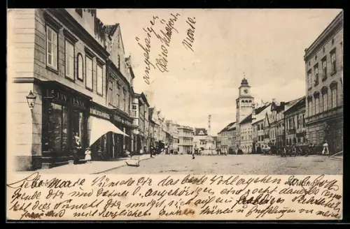 AK Trebon /Wittingau, Strassenansicht mit Geschäften