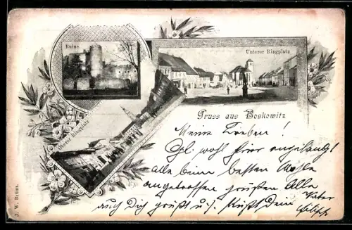 AK Boskowitz, Unterer Ringplatz, Ruine, Oberer Ringplatz