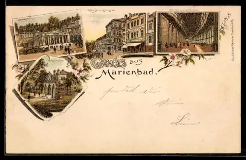 Lithographie Marienbad, Krezuzbrunnstrasse, Ambrosiusquelle, Kreuzbrunn-Kolonnade