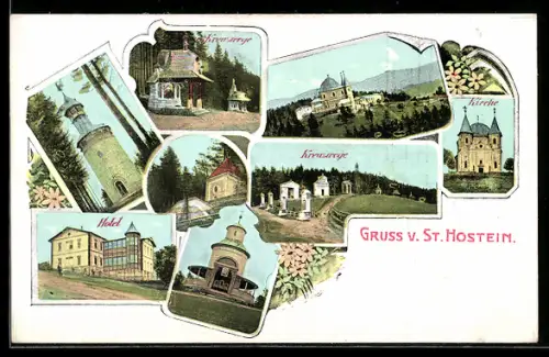AK St. Hostein, Hotel, Kirche, Kreuzwege, Turm
