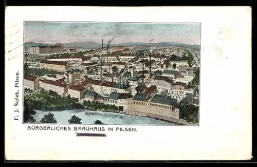 AK Pilsen, Bürgerliche Brauhaus aus der Vogelschau