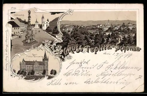 Lithographie Teplitz-Schönau, Real-Obergymnasium, Schlossplatz, Ortsansicht