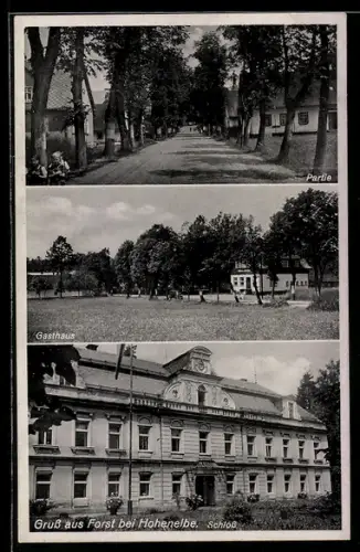 AK Forst bei Hohenelbe, Schloss, Gasthaus, Allee