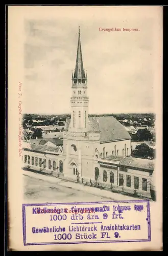 AK Czegled, Evangeliskus templom, Reklame Lichtdruck-Ansichtskarten