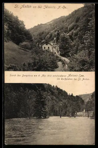 AK St. Anton an der Jessnitz, durch den Bergsturz am 6. Mai 1910 enstandener Anton-See im Reifgraben