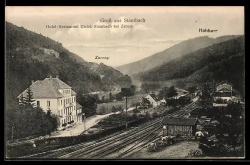 AK Stambach, Hotel Restaurant Distel, Bahnhof, Blick nach Zorntal u. Hohbarr