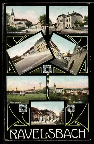AK Ravelsbach, Kirche mit Kirchenplatz, Schule, Unterer Platz