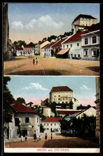 AK Steyregg, Strassenpartien mit Geschäften u. Gebäude auf dem Berg
