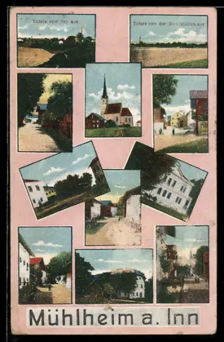 AK Mühlheim a. Inn, Totalansicht vom Bahnhof aus, Kirche, Strassenpartie