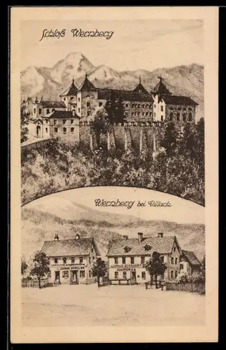 Künstler-AK Wernberg bei Villach, Gasthaus Leopold Schiller, Schloss