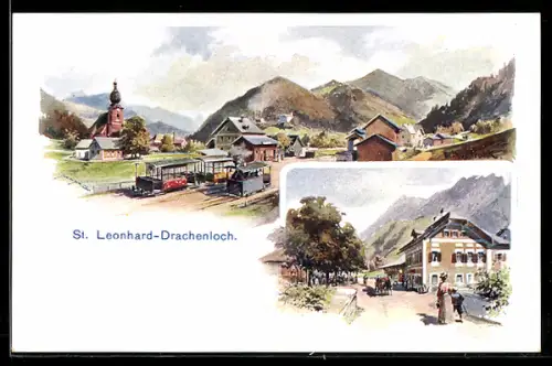 Künstler-AK St. Leonhard-Drachenloch, Ortsansicht mit Strassenbahn, Bielmaiers Gasthof zum Drachenloch