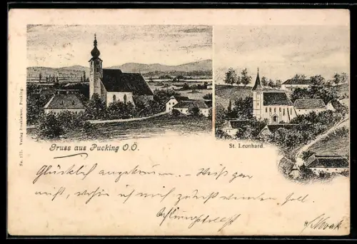 Künstler-AK Pucking /O.-Ö., Kirche, Kirche St. Leonhard