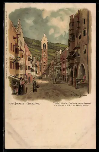 Künstler-Lithographie F.A.C.M. Reisch: Sterzing, Strassenpartie