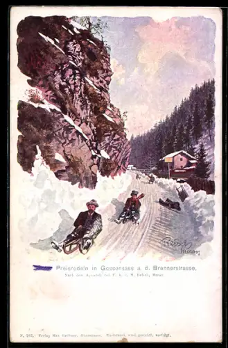 Künstler-AK F.A.C.M. Reisch: Gossensass a. d. Brennerstrasse, Preisrodeln, Mann stürzt auf Schlitten