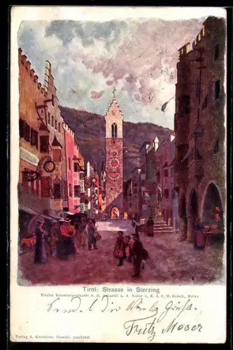 Künstler-AK Sterzing, Blick in eine Strasse des Ortes