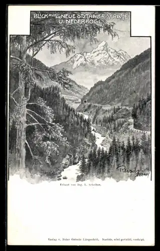 Künstler-AK F.A.C.M. Reisch: Ötz, Ötzthaler-Strasse, Blick auf die neue Ötzthaler Strasse und Nederkogl
