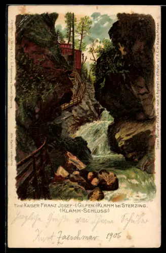 Künstler-AK F.A.C.M. Reisch: Sterzing, Kaiser Franz Josef-(Gilfen-)Klamm, Klamm-Schluss