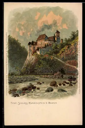Künstler-AK F.A.C.M. Reisch: Bozen, Schloss Runkelstein vom Fluss gesehen