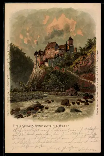 Künstler-AK F.A.C.M. Reisch: Bozen, Schloss Runkelstein vom Fluss gesehen