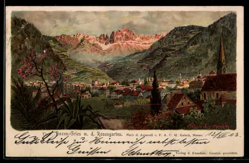 Künstler-AK F.A.C.M. Reisch: Bozen-Gries, Stadt mit dem Rosengarten