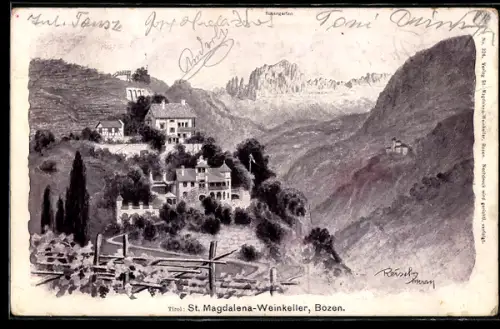 Künstler-AK F.A.C.M. Reisch: St. Magdalena /Bozen, Gasthaus -Weinkeller mit Rosengarten