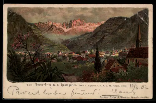 Künstler-AK F.A.C.M. Reisch: Bozen-Gries, Stadt mit dem Rosengarten
