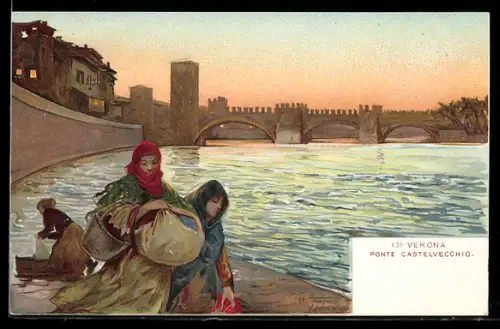 Künstler-Lithographie Verona, Ponte Castelvecchio
