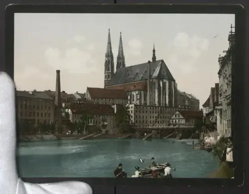 Fotografie Photochromie unbekannter Fotograf, Ansicht Görlitz /Neisse, Alte Brücke und Peterskirche, 19 x 25cm
