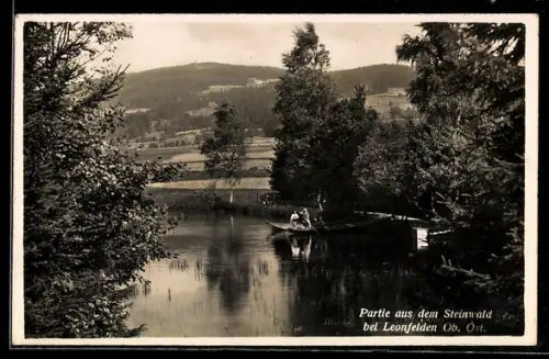 AK Leonfelden /Ob. Öst., Partie aus dem Steinwald mit Ruderboot und Gebirgspanorama