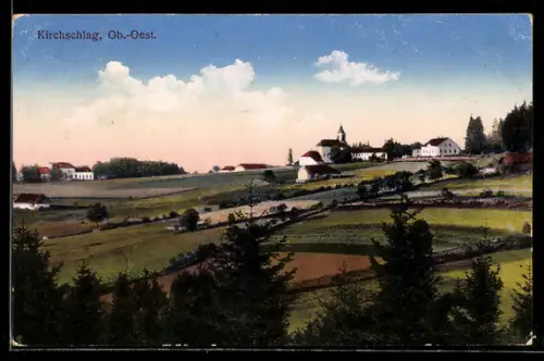 AK Kirchschlag /Ob. Öst., Ortsansicht mit Kirche und Feldern