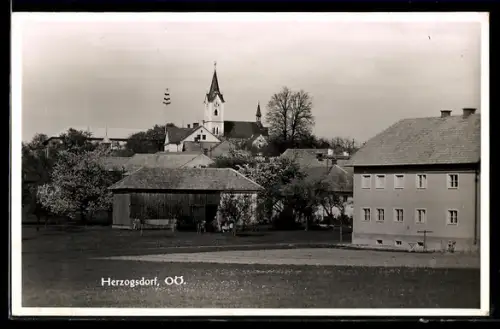 AK Herzogsdorf /O.Ö., Ortspanorama mit Kirche