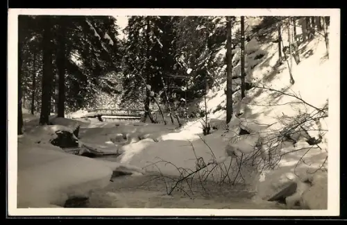 AK Bad Mühllacken, Pesenbach, Partie mit Brücke im verschneiten Wald