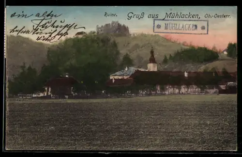 AK Bad Mühllacken /Ob. Öst., Ruine und Ortspanorama