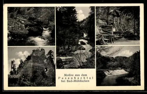 AK Bad-Mühllacken, Pesenbachtal, Bachpartien, Ruine, Waldandacht