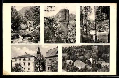 AK Bad Mühllacken, Pesenbachtal, Bachlauf, markante Felsformation, Ortspanorama mit Kirche
