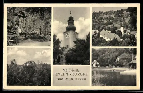 AK Bad Mühllacken /Mühlviertel, Waldandacht, Kirchturm, Gewässerpartie