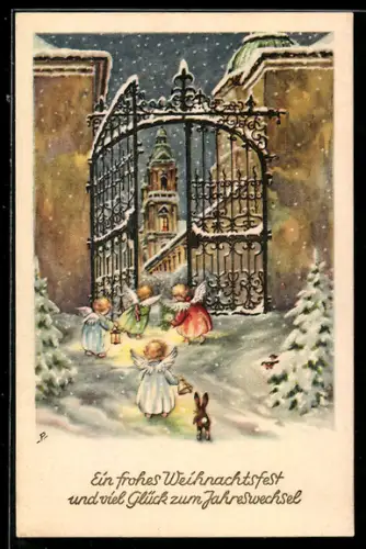 Künstler-AK St. Florian /O.Ö., Klostertor mit Kirchturm, verschneite Szene mit Engeln, Weihnachtsgruss