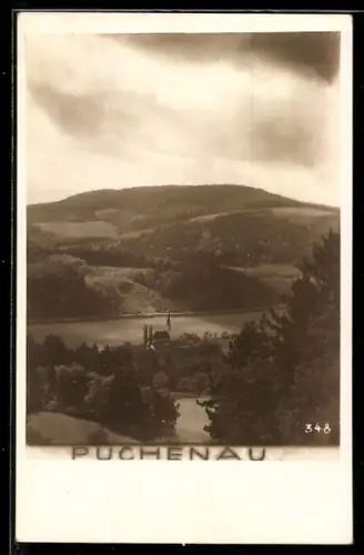 AK Puchenau, Panorama mit Kirche aus der Vogelschau