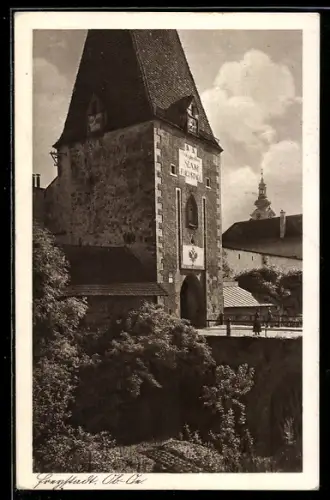 AK Freistadt /O.Ö., Stadttor mit Brücke und Kirche
