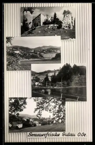 AK Gutau /O. Ö., Collage: Burgruine, Ortsansichten, Gewässerpartie