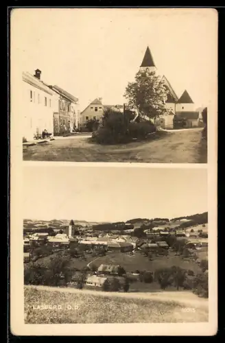 AK Lasberg /O.Ö., Ortsplatz mit Kirche, Gesamtansicht