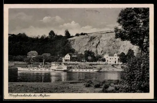 AK Meissen, Gasthaus Karpfenschänke H. Slansky, Dampfschiff auf der Elbe