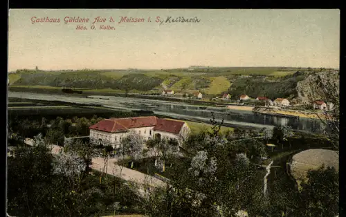 AK Aue b. Meissen, Gasthaus Güldene Aue, Inh. O. Kolbe, Ansicht mit Elbe aus der Vogelschau