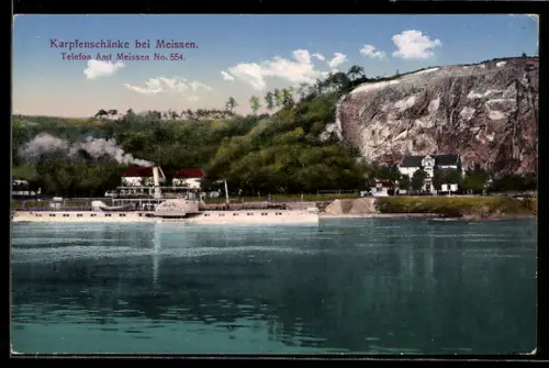 AK Meissen, Gasthaus Karpfenschänke, Dampfer, Felsen