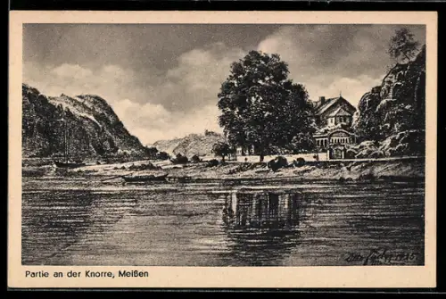 Künstler-AK Meissen, Gasthaus Knorre E. Tamme, Partie an der Knorre