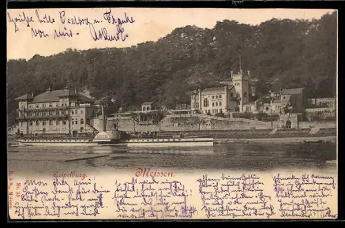 AK Meissen, Gasthaus Geipelburg, Dampfschiff Aussig auf der Elbe