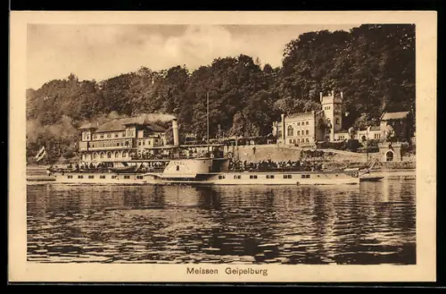AK Meissen, Gasthaus Geipelburg mit Dampfer Bodenbach