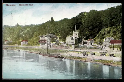 AK Meissen, Gasthaus Geipelburg aus der Vogelschau