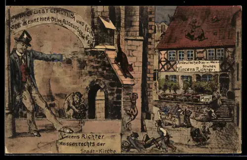 Künstler-AK Meissen, Gasthaus Vincens Richter, Stadt-Kirche, Strassenszene mit Betrunkenen